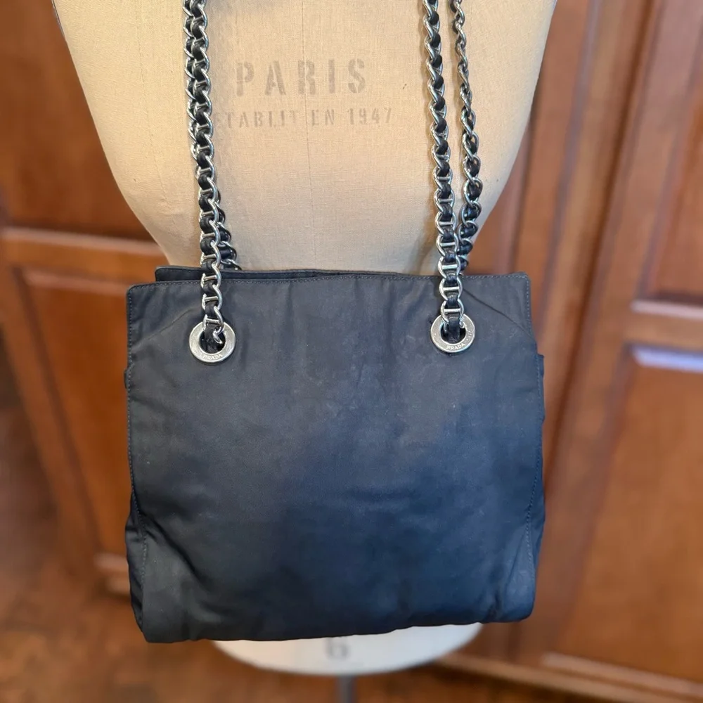 Prada Black Nylon Shoulder Bag w/ Silver and  Saffiano Black Leather Chain Strap - Picture 5 of 12